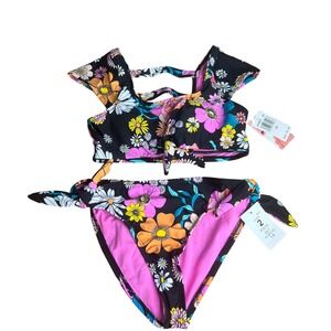 Hobie Girls Bikini 2 Piece Swimsuit Sz‎ 14 Black Floral Flutter Sleeve NWT